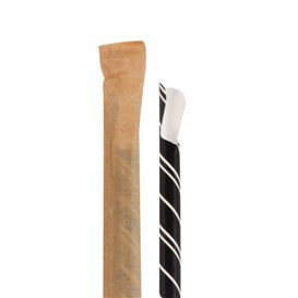 Paper Straw Straight Spoon Black Wrapped White Sleeve Ø0,8cm 21cm (100 Units) 