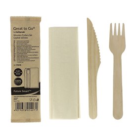 Wooden Varnished Cutlery Set of Fork, Knife and Napkin (250 Sets)